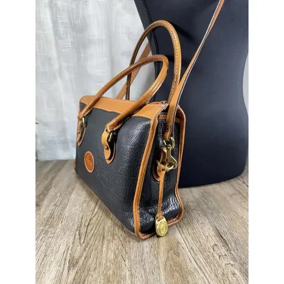 Dooney Bourke Vintage Leather Handbag Black/Tan, All Weather, Satchel/Top Handle - Picture 3 of 9